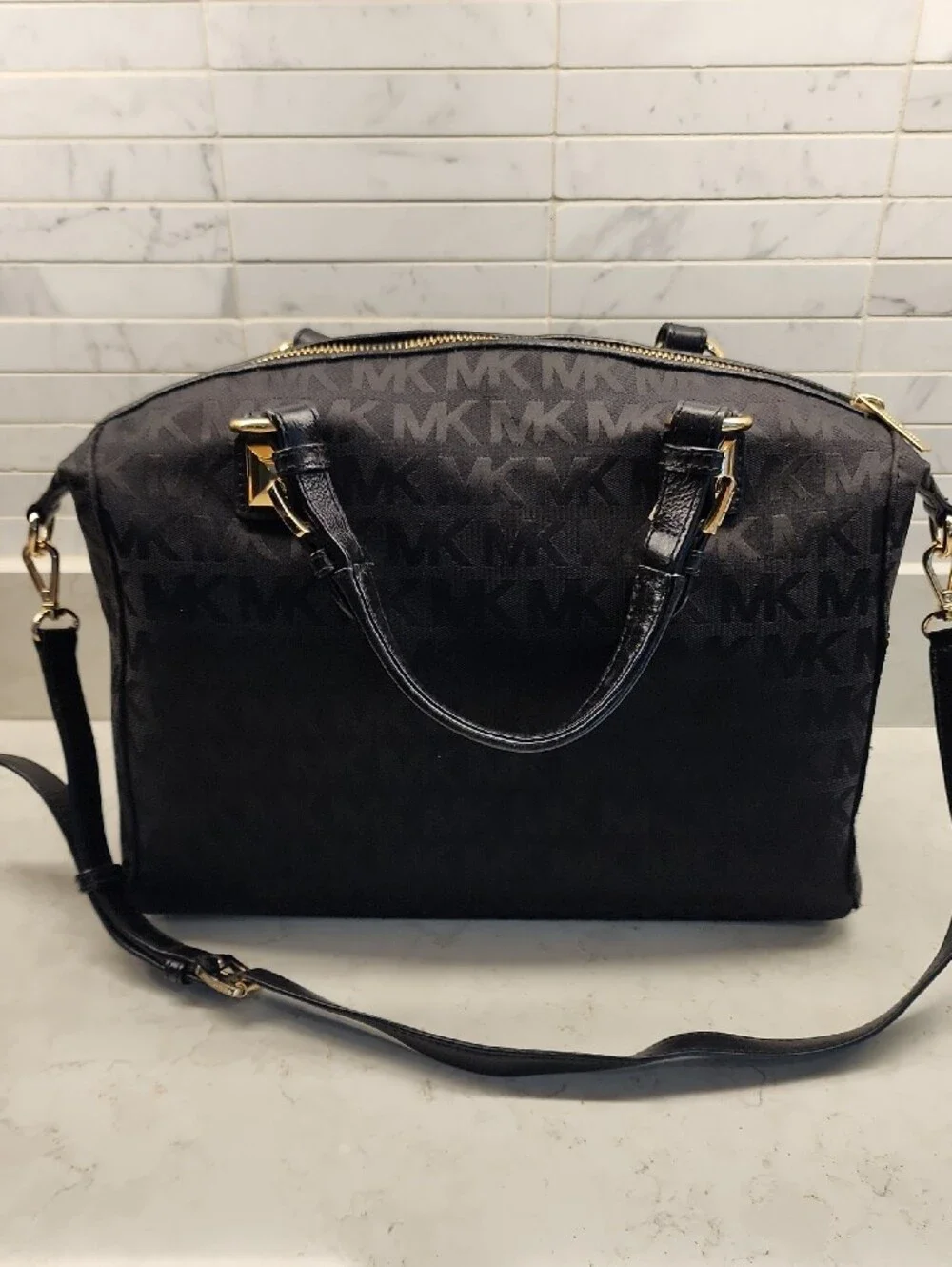 Michael Kors Black MK Logo Satchel with Gold Hardware